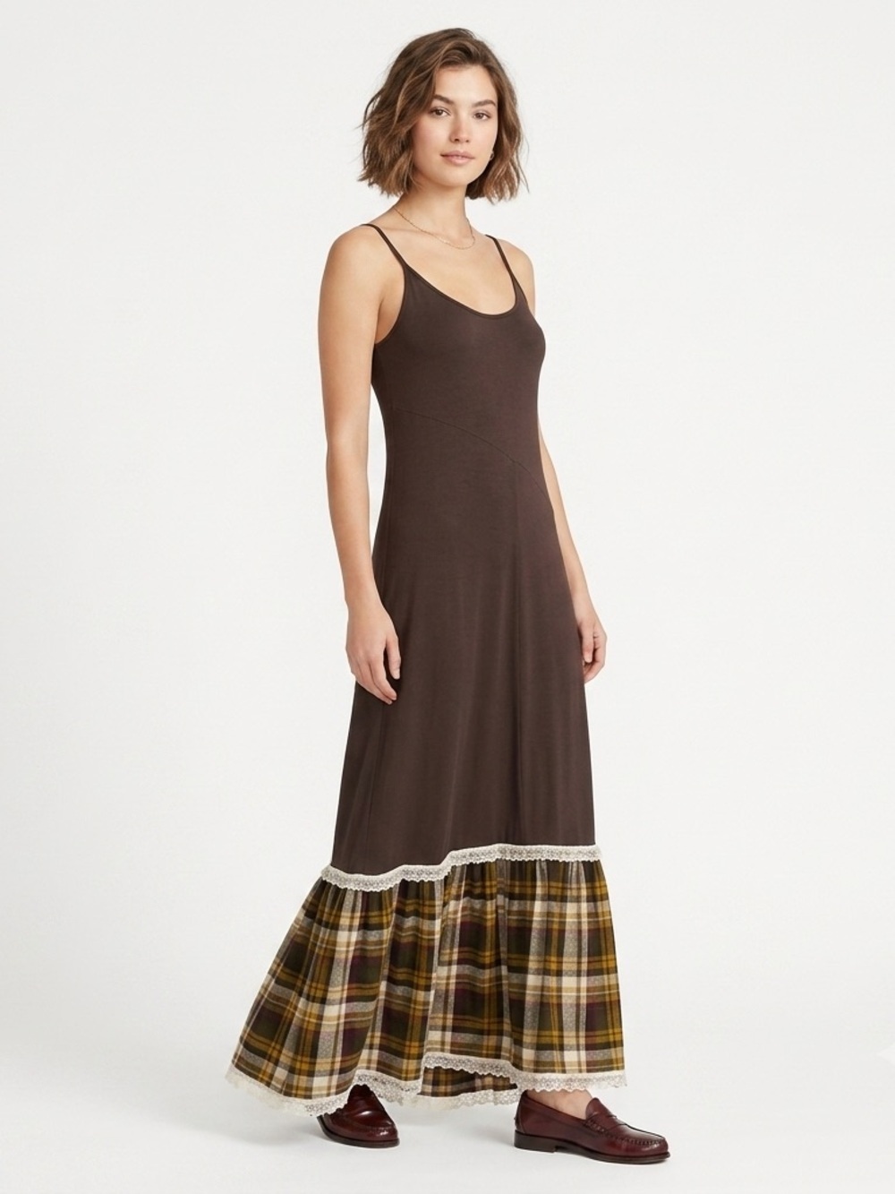 Ilse Jacobsen Upcycled Maxi Dress Plaid Ruffle Lace Trim Brown S
